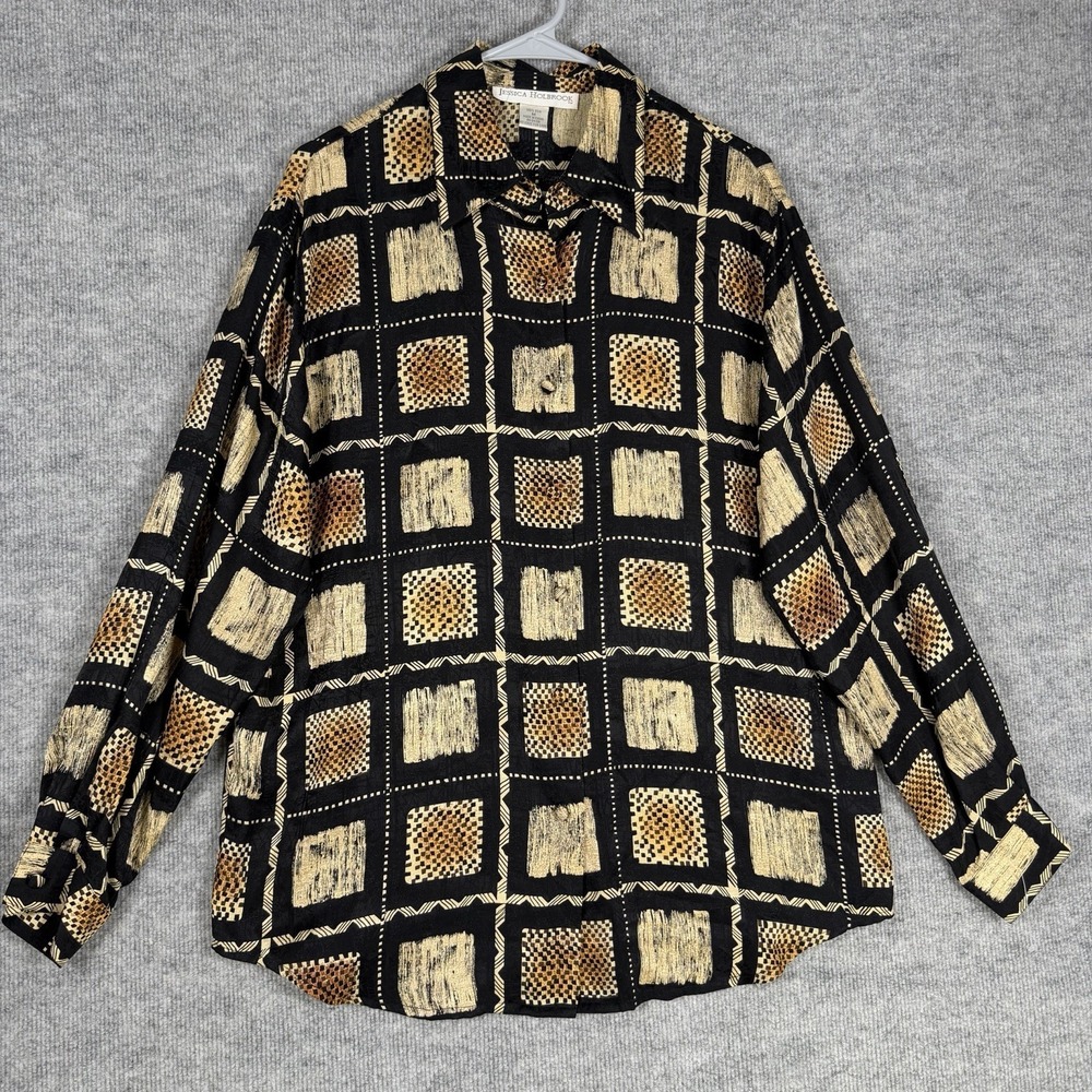 Vintage Jessica Holbrook Size-M Womens Blouse Silk Geometric Black Long Sleeve